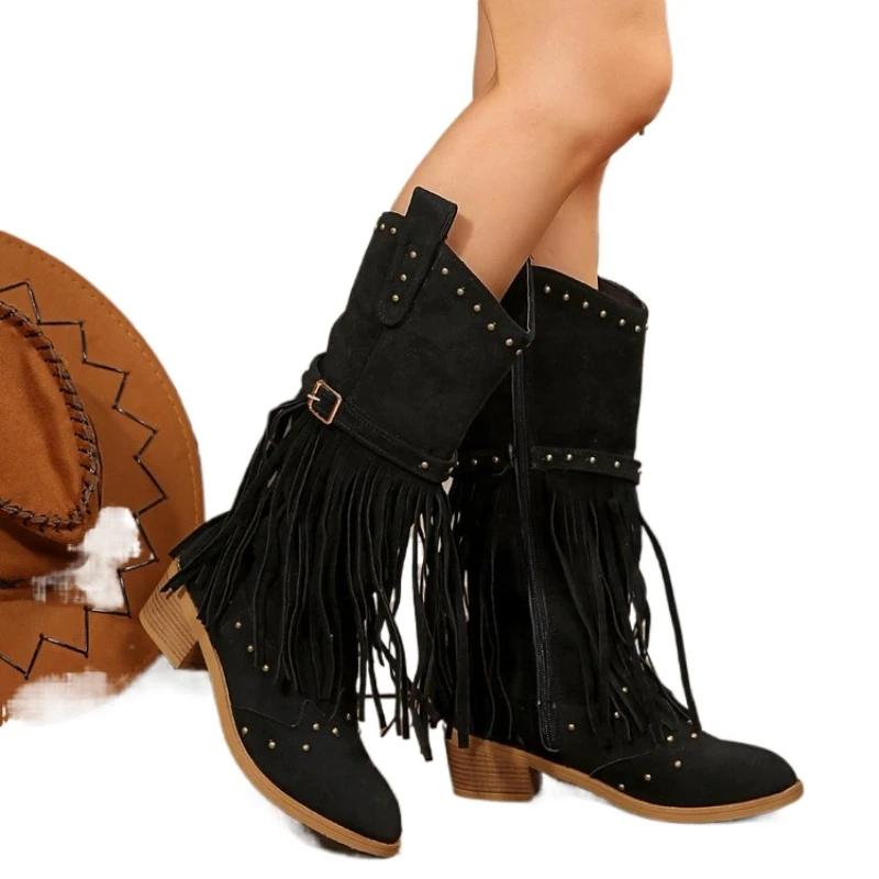 2024 New Women Vintage Ethnic Western Cowboy Boots Rivets 5cm Block Heel Boot Tassel Fringe Booties Lady Winter Gladiator Shoes