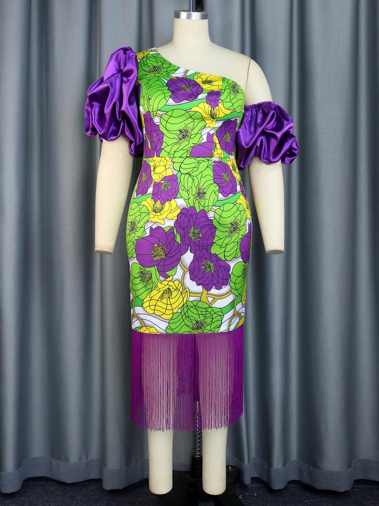 AOMEI Purple Printed Fringe Dresses for Women Bare Shoulder Irregular Short Puff Sleeves Floral Bodycon Evening Party Tassel Vestidos