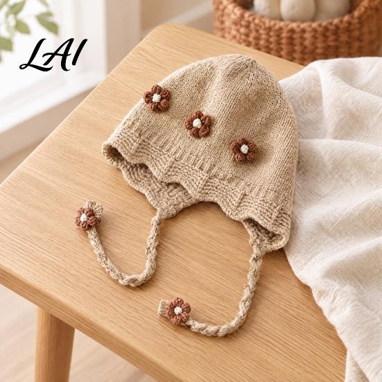 Baby Winter Hat Woolen with Floral Decor Windproof Warm Knitted Infant Earflap Cap Hat Ear Protection for Autumn And Outdoor Wear Toddler Girl