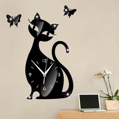 Цифровые настенные часы с милым котом, зеркало, настенные часы, 3D наклейка, современный дизайн, часы, домашний декор