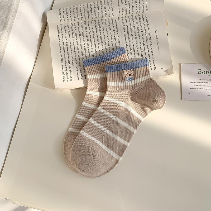 Женские короткие носки в полоску с цветными блоками, весенне-летние, сетчатые, дышащие, хлопковые носки без косточек с медведем, женские короткие носки