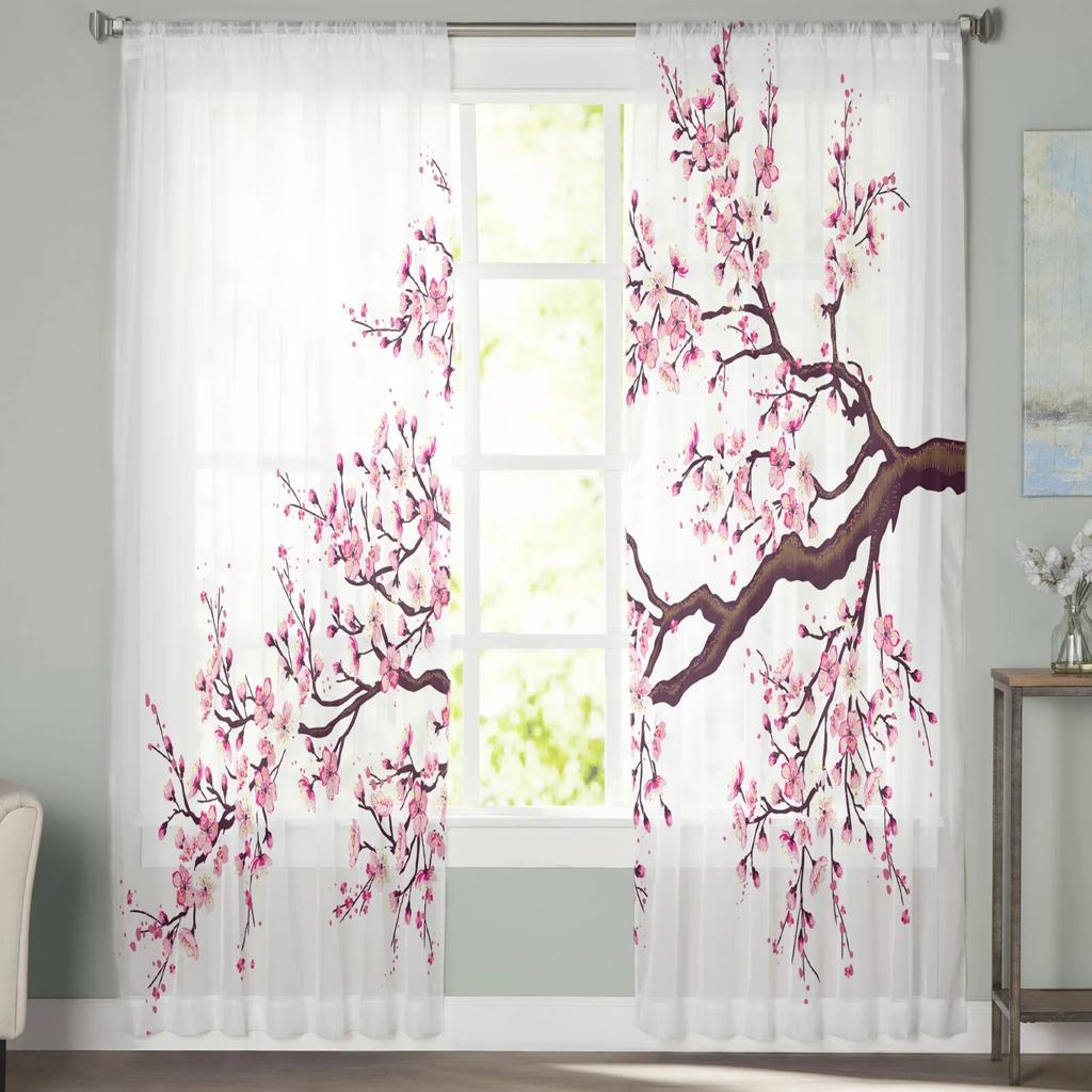 Розовые прозрачные шторы с цветком вишни, оконные шторы для гостиной, спальни, жалюзи, детская комната, домашний декор