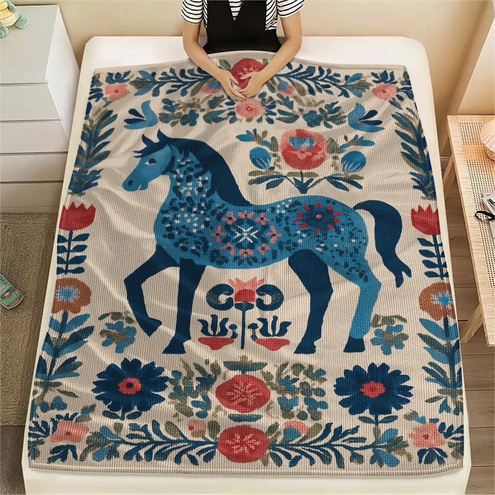 Flower Horse Print Flannel Blanket, High quality Comfortable for All Seasons, Home Decor, Warmth and Comfort, Perfect for Christmas Gifts