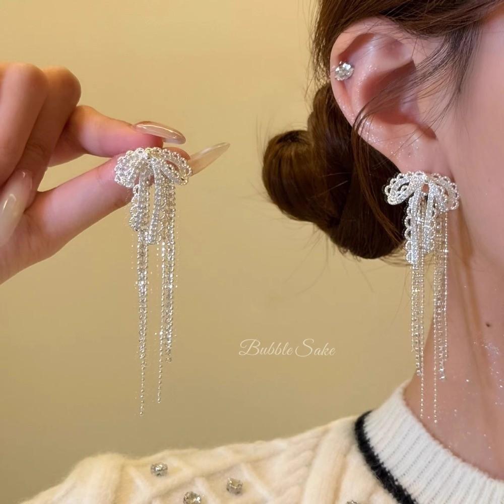 Zircon Stone Lace Ribbon Earrings Ribbon Bow French Retro Earrings  Wedding Party