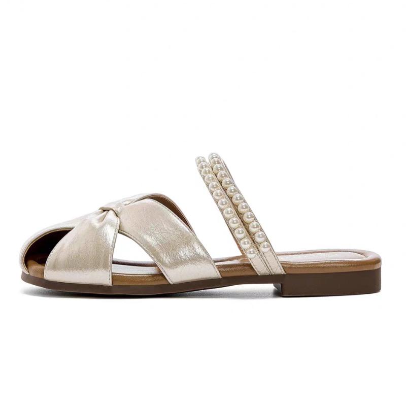 Модные жемчужные модные туфли-баотоу женские для улицы 2025 лето новая плоская мягкая подошва темпераментные шлепанцы