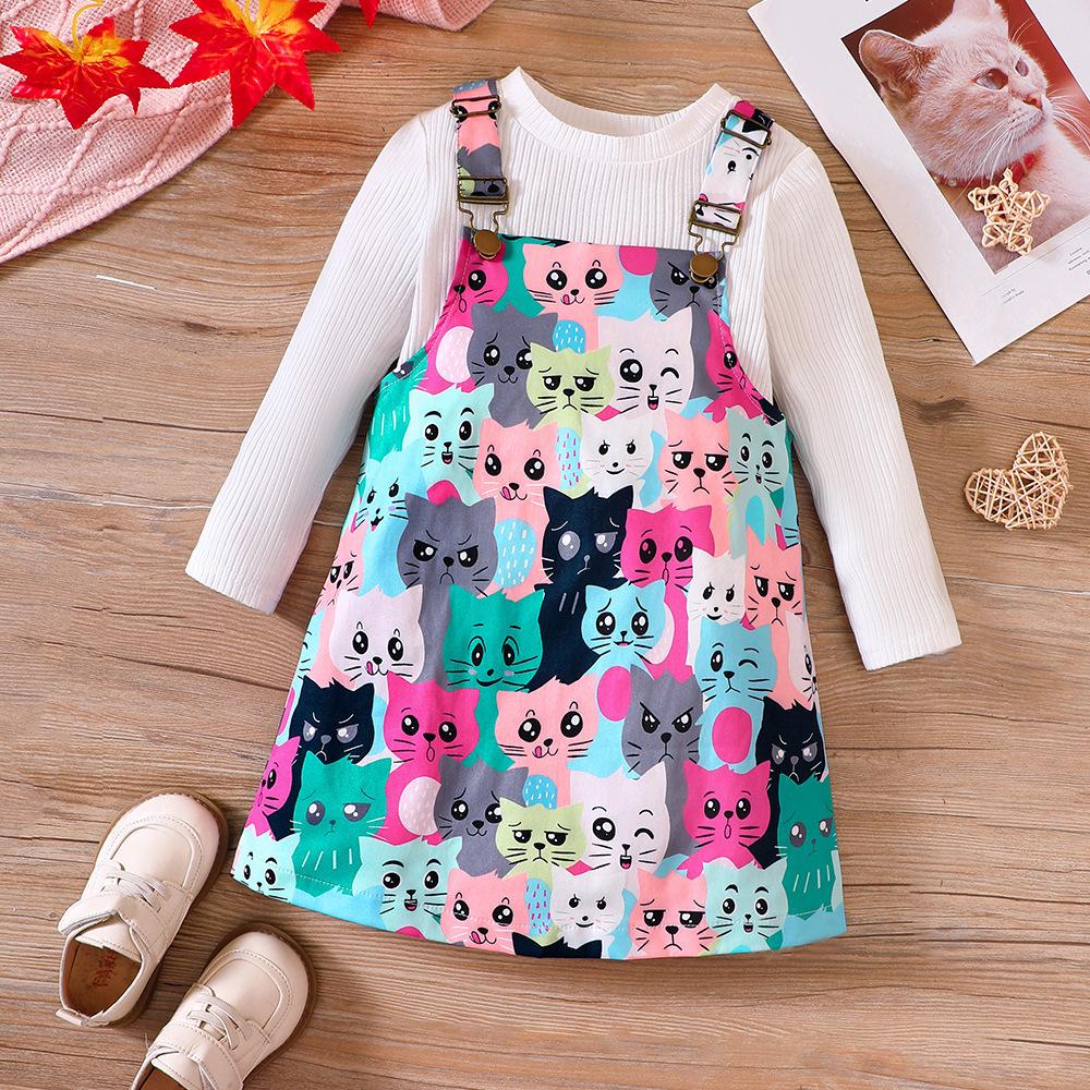 Girls' Autumn New Solid Color Pit Stripe Long Sleeve Top+Cute Contrast Cartoon Print Strap Dress Set