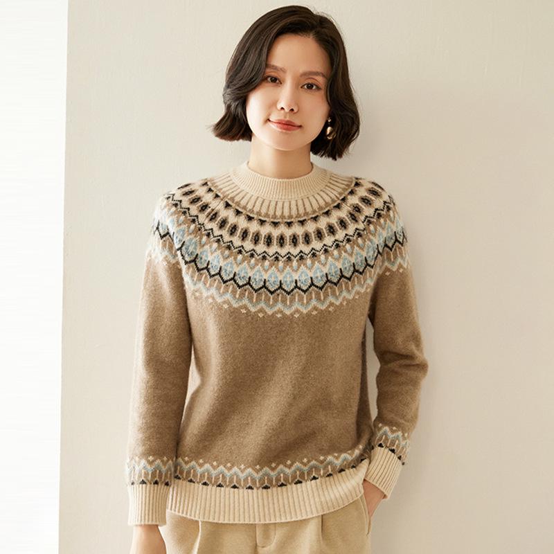 Женский утолщенный кашемировый пуловер с узором Fair Isle - Круглый вырез, Длинный рукав, Двухслойный жаккард из шерсти
