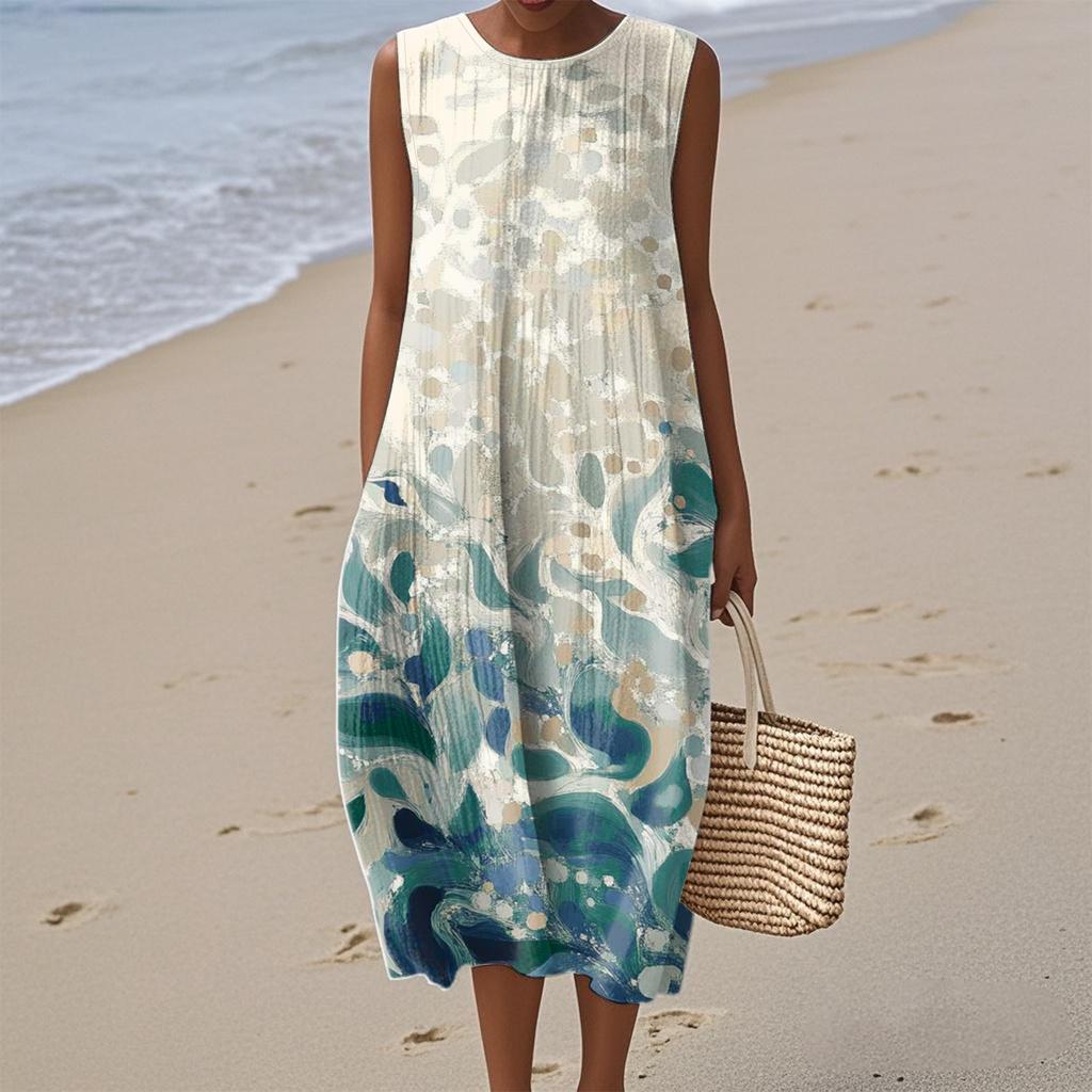 Женское модное повседневное платье без рукавов с круглым вырезом и цветочным принтом, элегантное, темпераментное