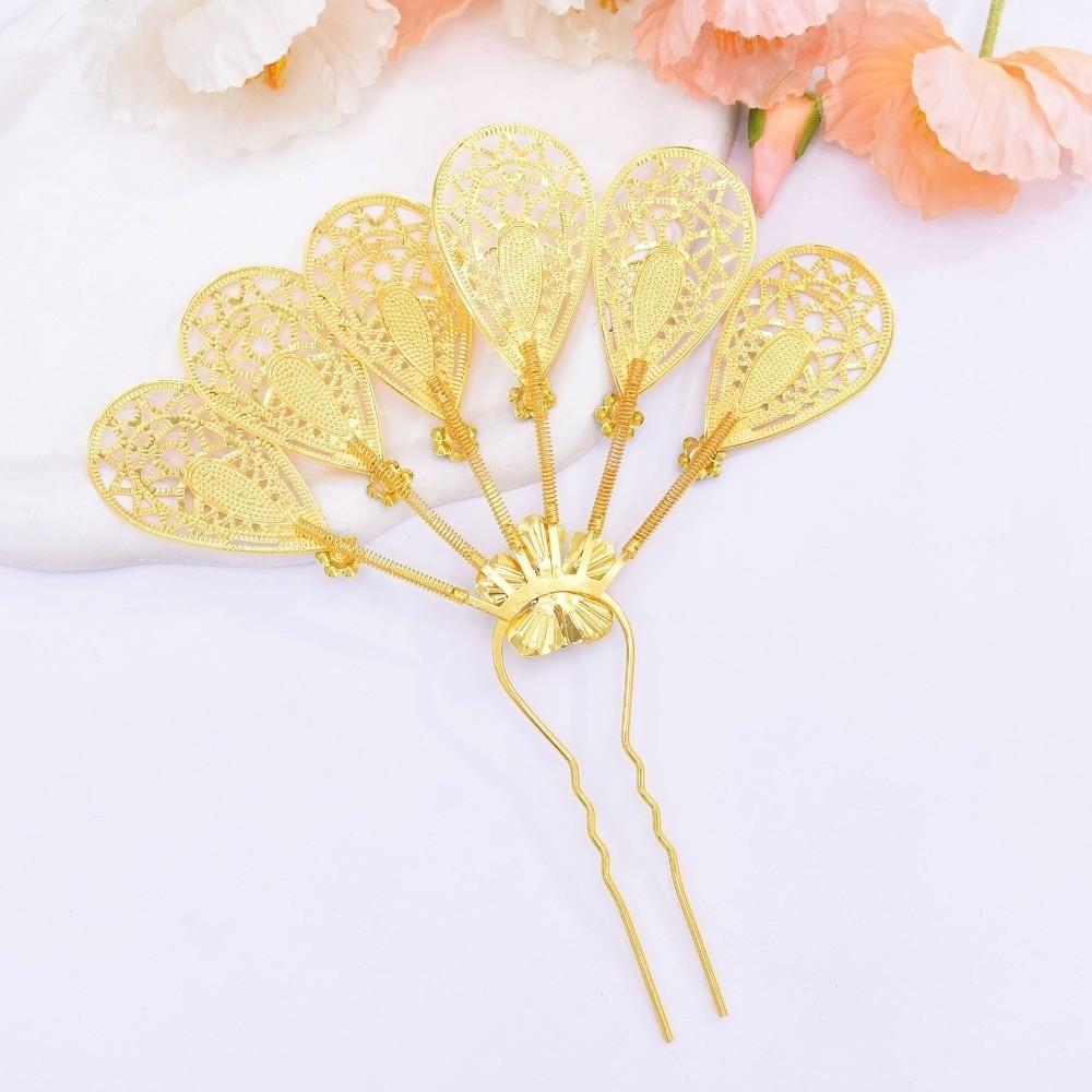 Metal Thai Style Leaf Hair Stick Golden Ethnic Headdress Jewelry Rhinestone Flower Hairpin Party