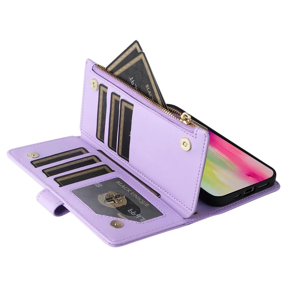 Wrist Strap Zipper Wallet with Card Holder Phone Case for IPhone 16 15 Plus 14 13 12 11 7 8 Pro Max XS X Crossbody Leather Cover