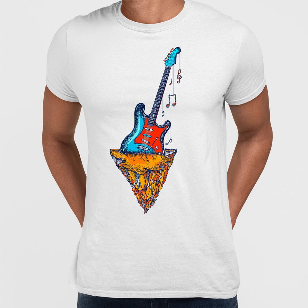 Retro Old Skool Guitar Mountains Rock Music Print Tops