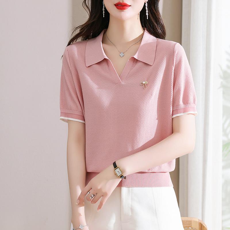 POLO воротник короткий рукав ледяной шелковый трикотажный свитер для женщин тонкая футболка топ летний наряд стильные футболки для мам