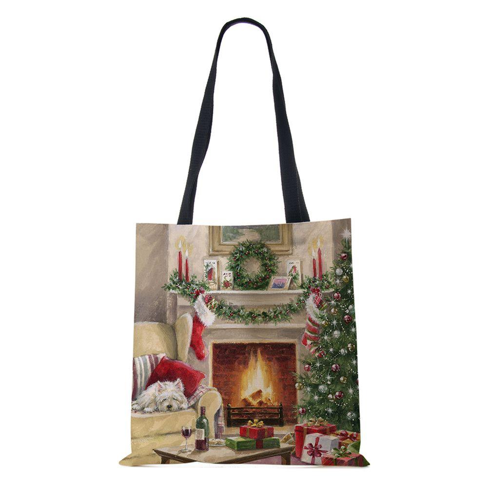 Рождественская елка Подарок Харадзюку Холщовая сумка-шоппер Рождественская собака Женская многоразовая сумка через плечо Большая вместимость Складная сумка для хранения KTY