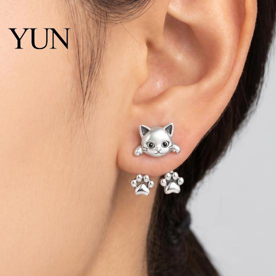 Charming Pet Jewelry for Wife 1 Pair Cute Cat Paw Earrings Women, Vintage Front Creative Themed Back Stud Earrings, Small Kitten Gift Lovers