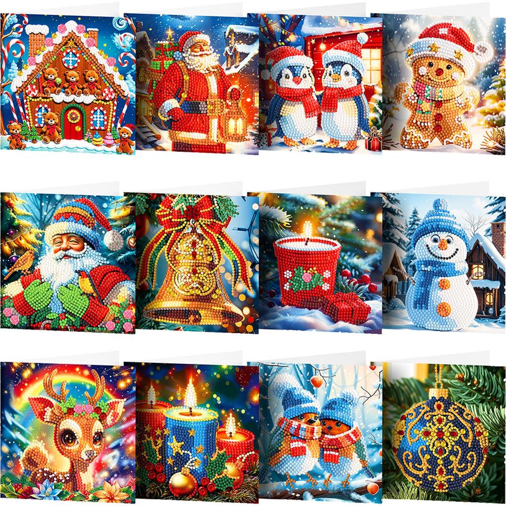 12pcs DIY Xmas Designs Diamond Painting Greeting Card Set Rhinestone Diamond Art Mosaic Postcards Congratulations Cards & Gifts