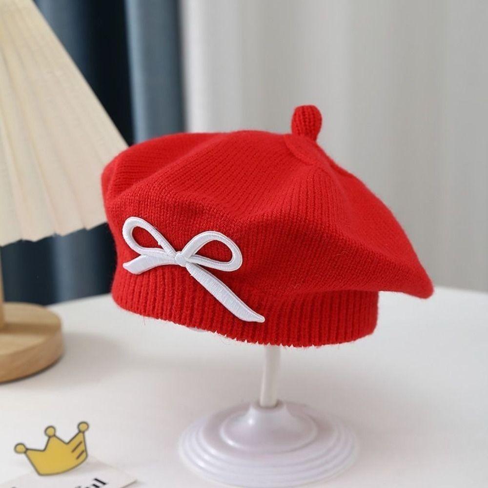 Thick Warm Girls Painter Cap Cotton Toddler Warm Beanie Fashion Bow Knit Headwear Girl