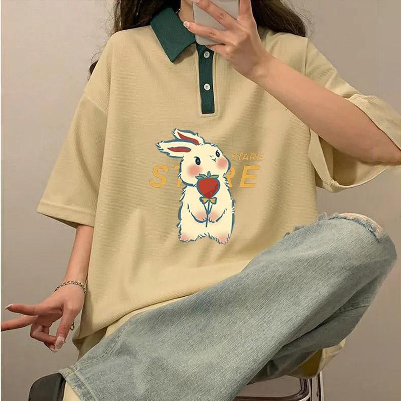 Топы женские летние свободные рубашки с кроликом универсальные повседневные удобные футболки с короткими рукавами женские