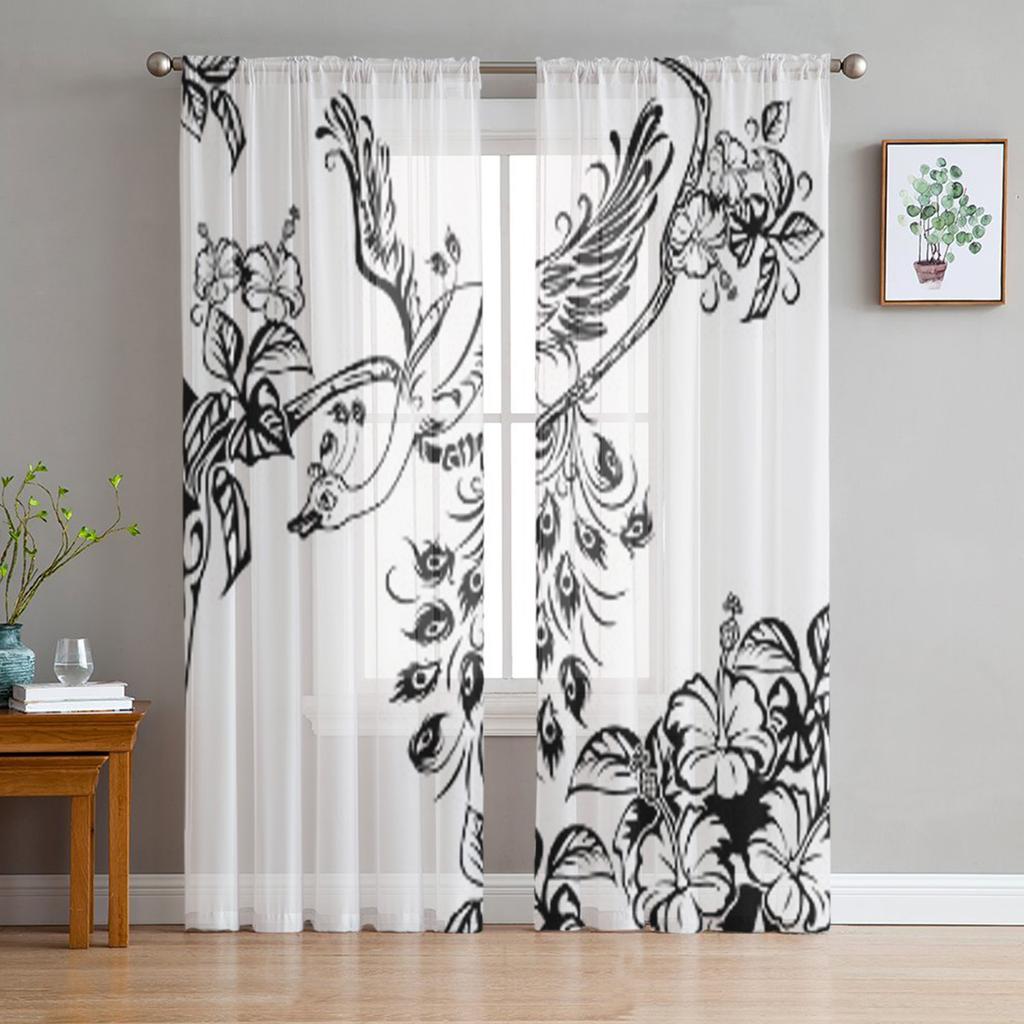 Ветка павлиньего дерева цветы гибискуса шифоновые прозрачные шторы для гостиной спальни оконные занавески вуали тюль Cortinas