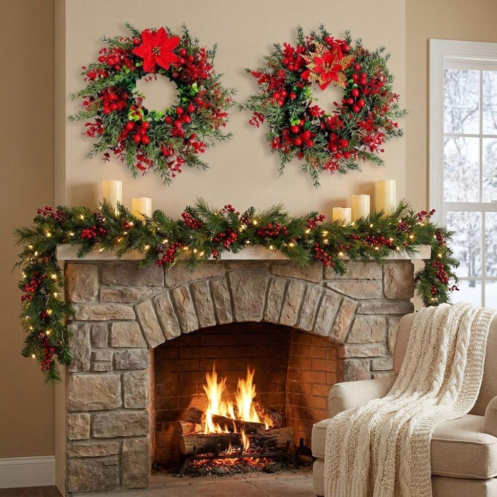 Red Berries Pine Poinsettia Christmas Wreath Realistic Christmas Door Wreath Fireplace Decor