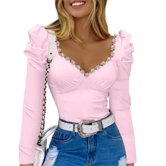 Женские топы с квадратным воротником, пышная футболка с длинным рукавом, цветочный декор, сплошной цвет, приталенная футболка