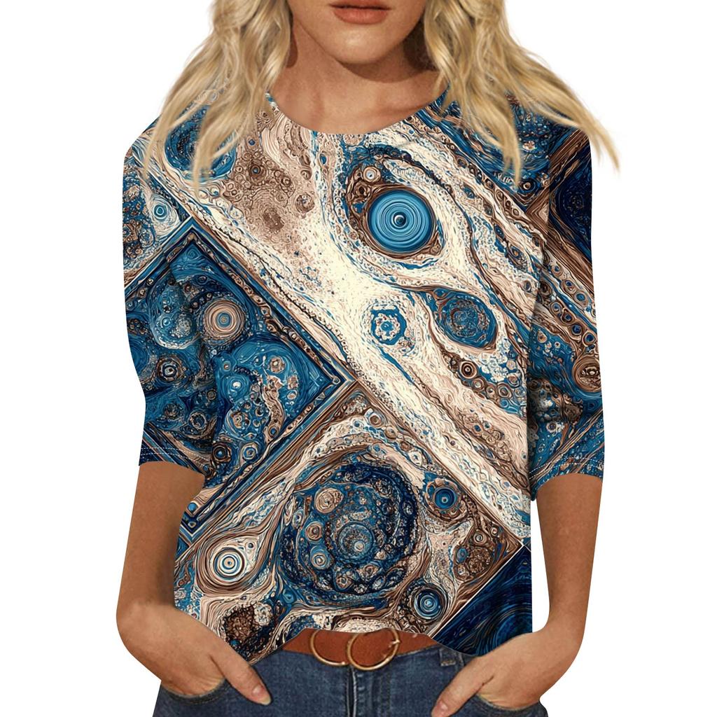 Trendy Vintage 3/4 Sleeve Top For Women ,Ladies Casual Three Quarter Sleeve Round Collar Printed T-Shirt Blouse