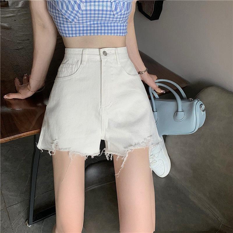 Classic and Minimalist Fashion Versatile Broken Holes Female Summer High-waisted Thin Raw Edge A-line Wide-leg Denim Shorts Individuality Trendiness