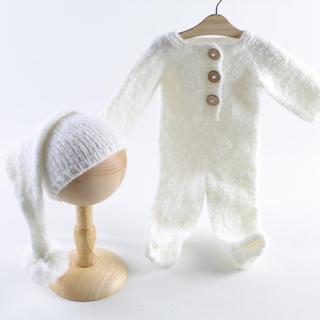 Ivory White Christmas Teddy Bear Hat Footed Romper Set Knitted Mohair Animal Beanie Newborn Photography Outfit Costume Onesie
