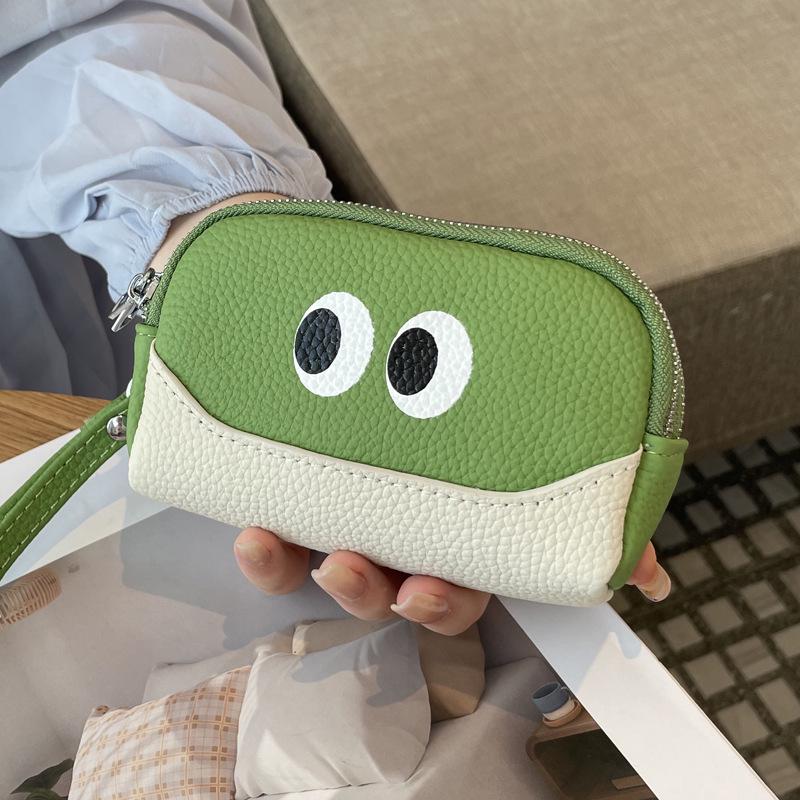 2025 Women's Cute Cartoon Leather Coin Purse: Cowhide Wristlet with Triple Zipper Key Storage