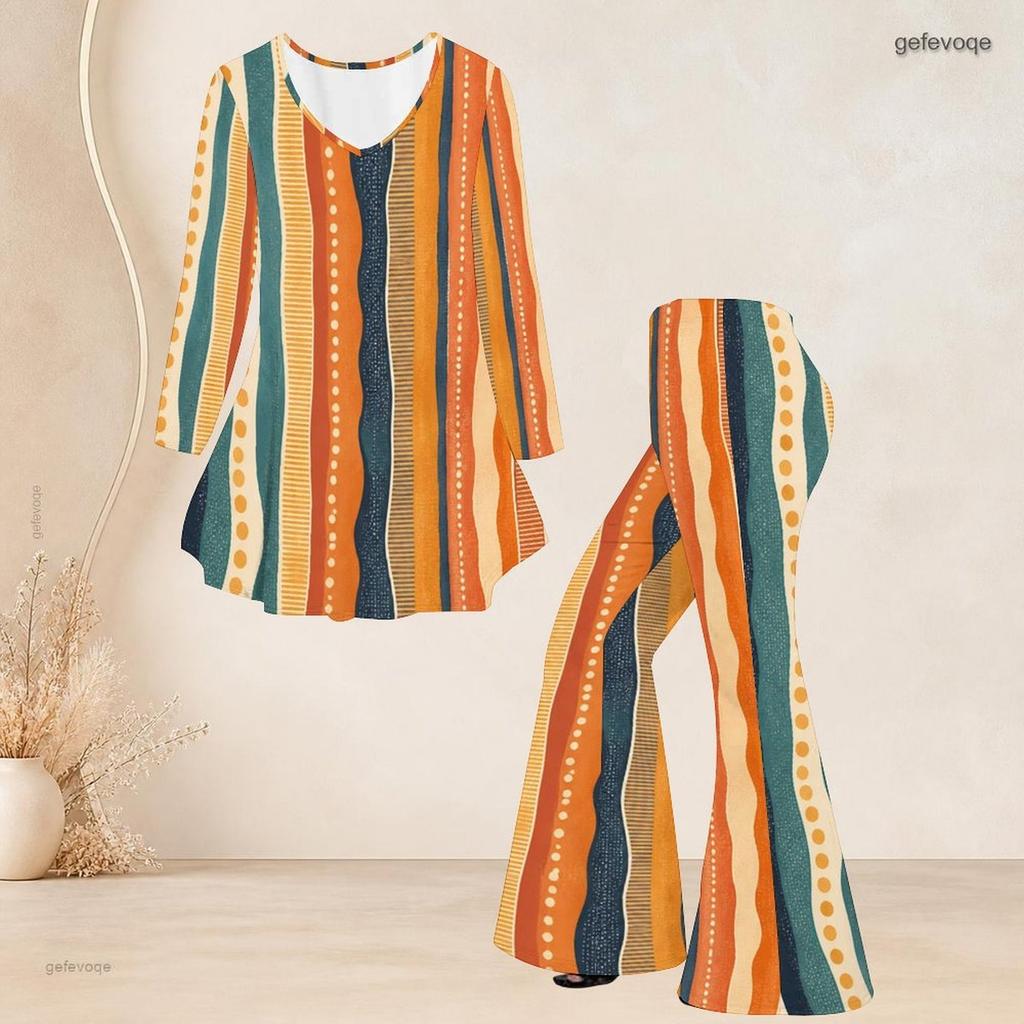 Женский костюм большого размера: топ с круглым вырезом, рукавом три четверти, принтом и расклешенным низом, расклешенные брюки