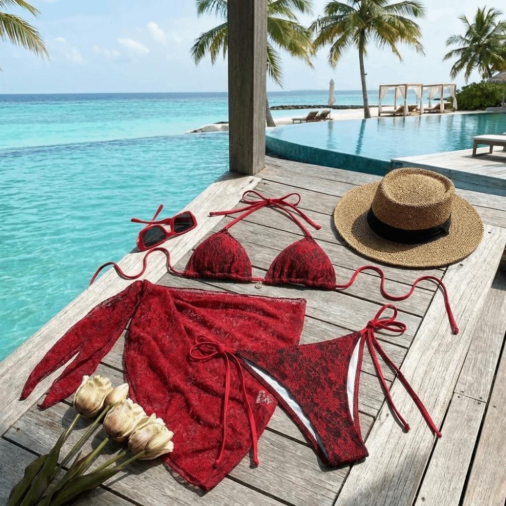 Cover Skirt Sexy Brazilian Bikini Set Mesh Swimsuits Beach Lace Bikinis Pool