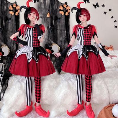 Circus Clown Costume Women Halloween Party Stage Performance Dress Set With Headpiece Sleeves Skirt Hoop