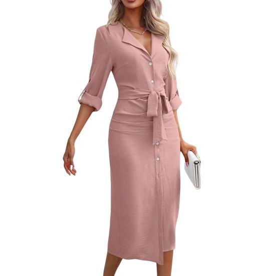 Lady Commuting Dress Turn-down Collar V Neck Lace-up Belted Waist Dress Single-breasted
