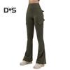 Women Flared Pants Elastic High Waist Wide Leg Casual Trousers with Flap Pockets Solid Color Cargo Pants Daily Wear