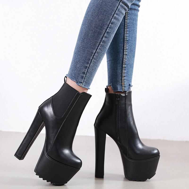 Women's Ankle Boots Thick Heels Women's Shoes 40 New 16CM High Heels Women's Ankle Boots Leather Spring and Winter