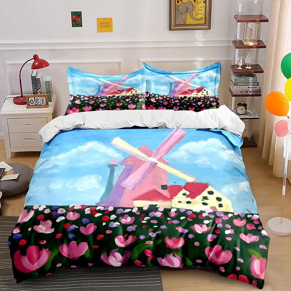 Windmill and Tulip Field Artwork Exquisite three-piece bedding set gift for kids and adults