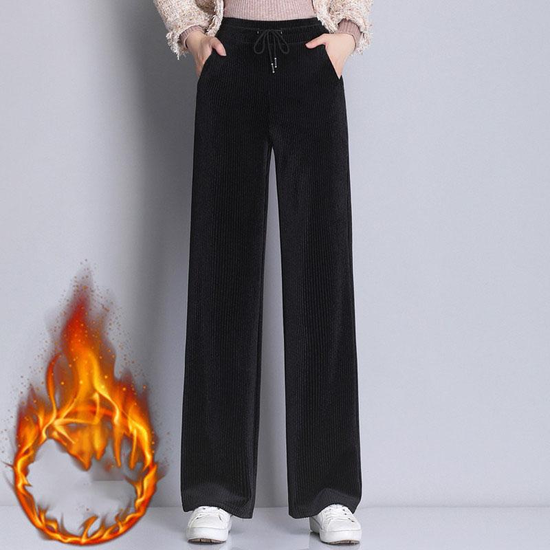Plus Size Women's Spring Autumn Winter Solid Colour Casual Sweatpants Loose Elastic Waist Corduroy Padded Wide Leg Straight Pants