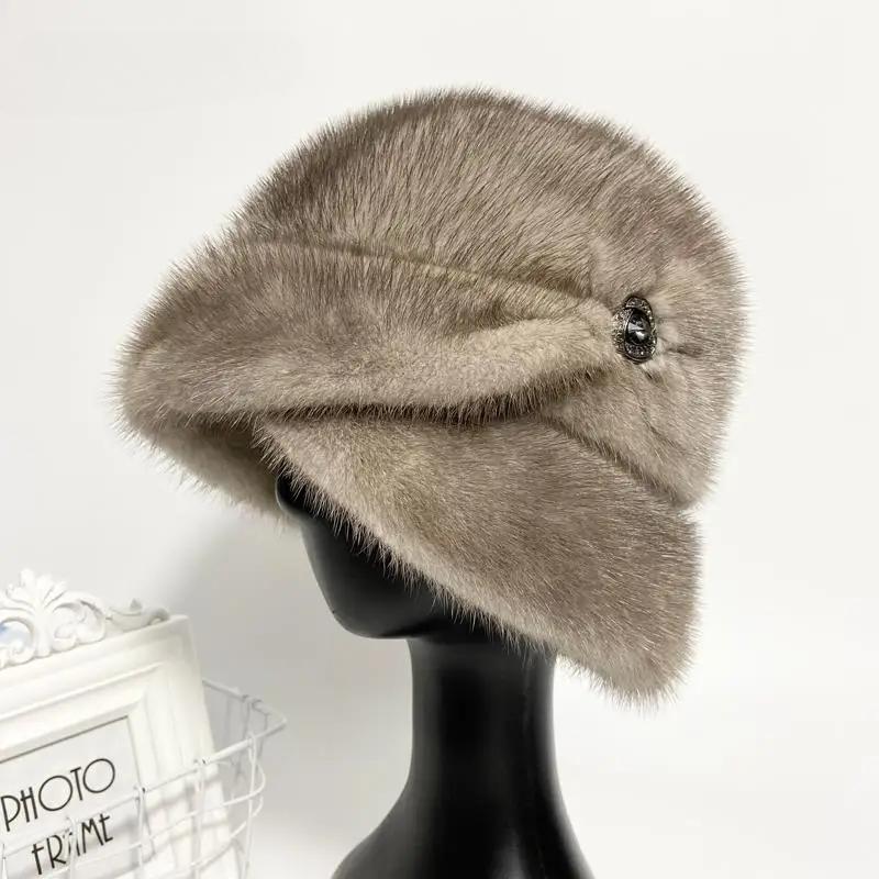 New Snow Hats for Women 2022 Genuine Mink Fur Hat Female Fashion Bucket Hat Diamond Floral Luxury Warm Winter Fedoras Domo Hats