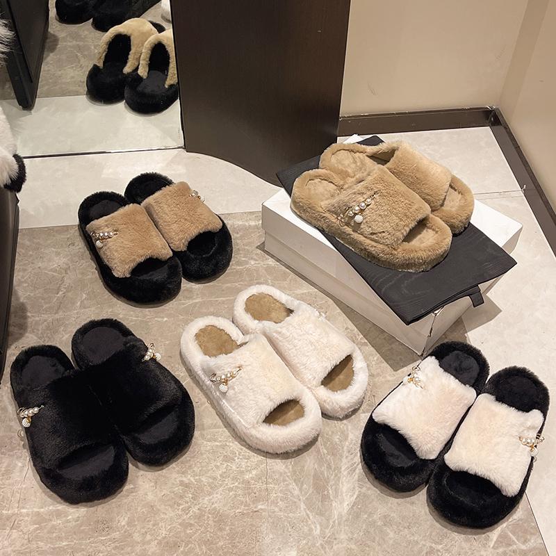 Fashion Aphixta Luxury Pearl Plush Furry Slipper Black Concise Women Indoor Bedroom Slippers Flat Heel Hair Slippers Round Toe Footwear