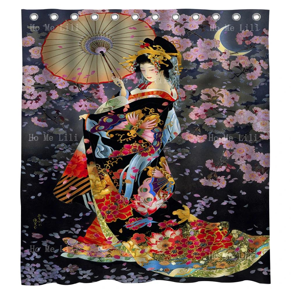 Японский Традиционный Смешной Дизайн Цветущей Сакуры Красивое Кимоно Гейша Девушка Ткань Занавеска для Душа в Ванную Домашний Декор