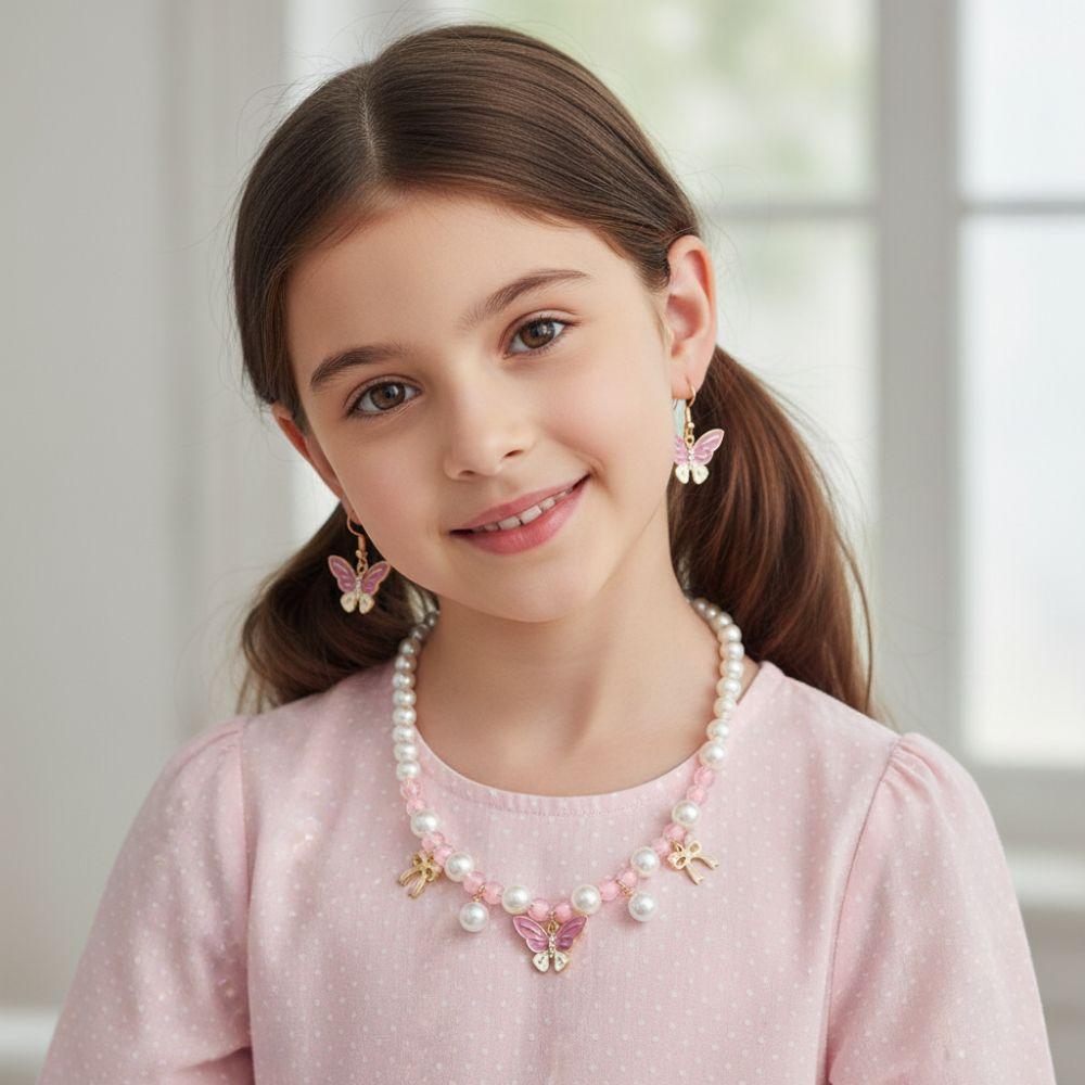 Butterfly Pendant Necklace Hand Chain Pink Pearl Beaded Ear Pendants Children's