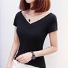 Женская весенне-летняя блузка с V-образным вырезом и короткими рукавами, однотонная блузка, боди с короткими рукавами, внутренняя футболка с низким вырезом, женская с короткими рукавами