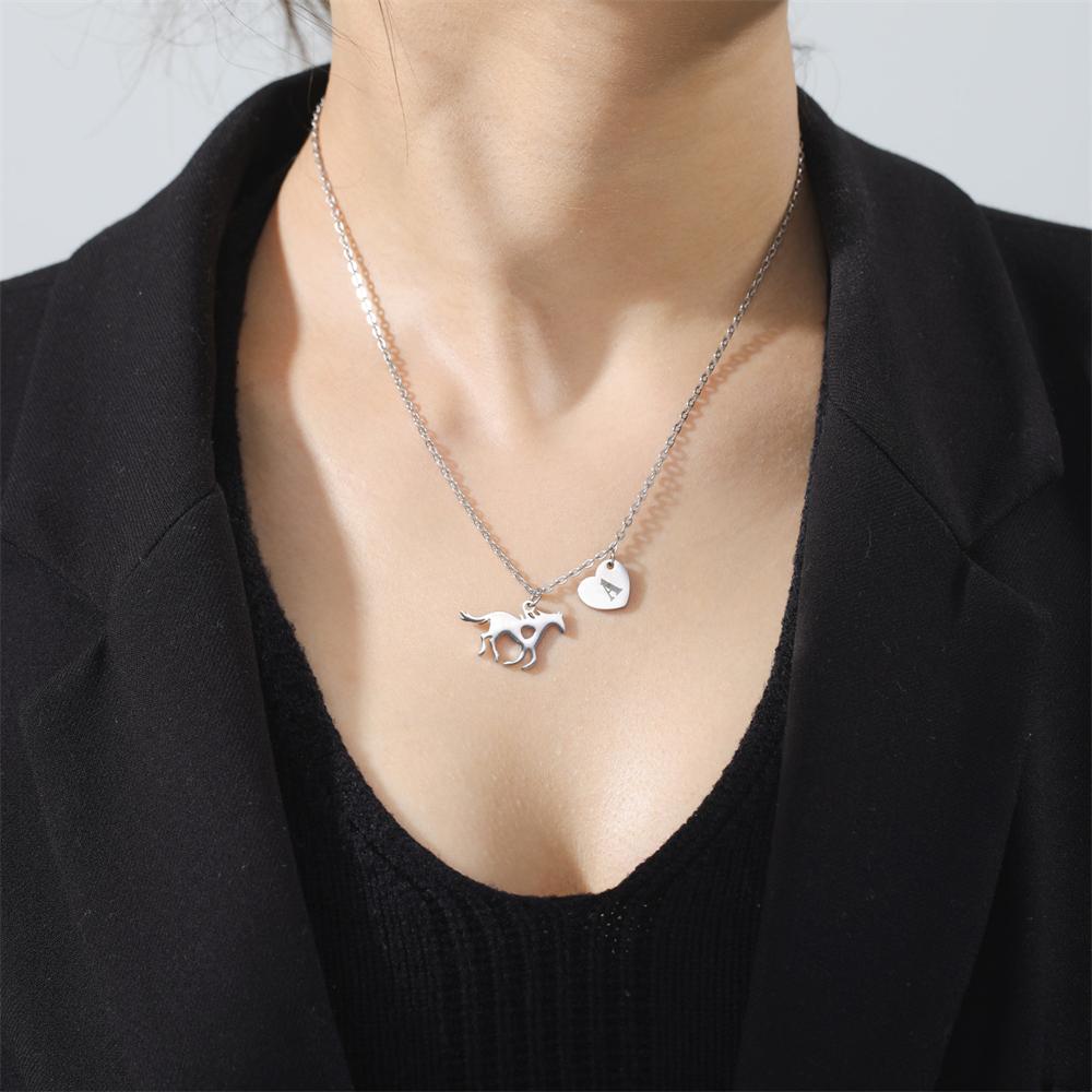 Cazador Animal Horse Initial Necklace for Women Teens Stainless Steel A-Z Letter Heart Choker Necklaces Jewelry Birthday