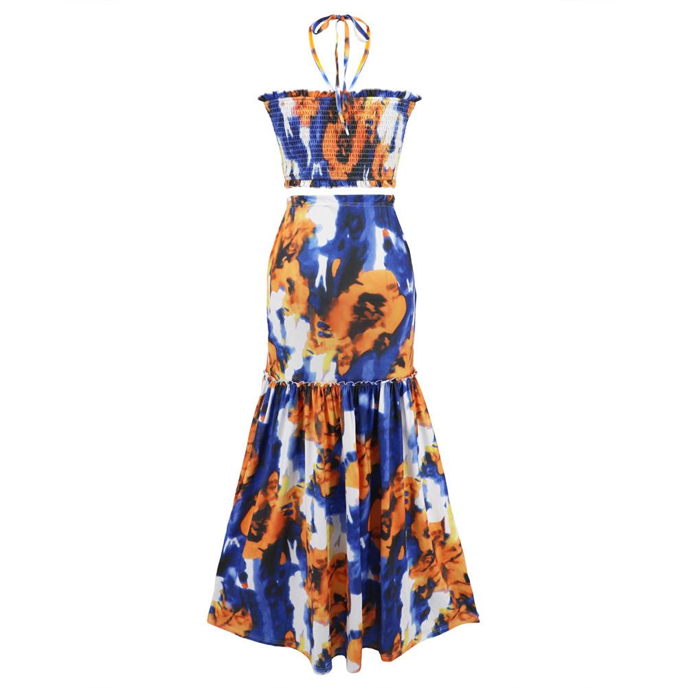 Женское богемное платье с принтом, висящий на шее, топ, бедра, завернутый в рыбий хвост, комплект из двух предметов