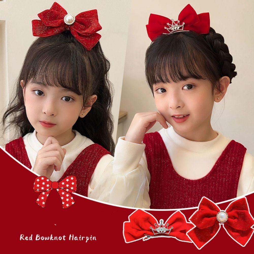 Crown Velvet Red Bow Hairpin Cloth Hanfu Hair Sticks All-match Ancient Style Hairpin  Children