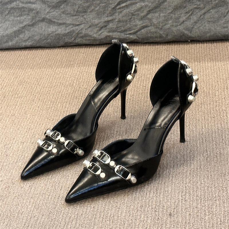Модные сексуальные босоножки с острым носком, женские летние босоножки на тонком каблуке, женские модные новые туфли-лодочки с металлической пряжкой для вечернего платья, черные