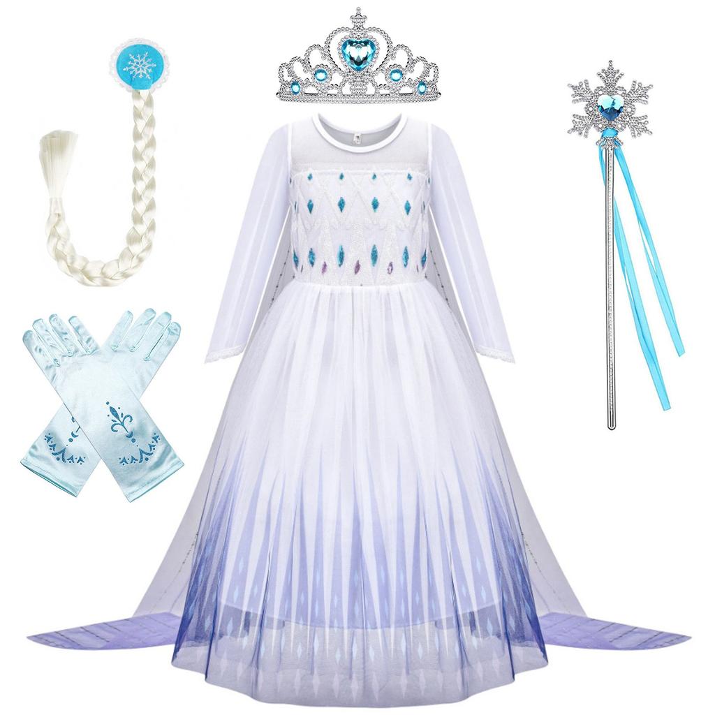 Костюм принцессы на Хэллоуин для девочек, сетчатый плащ, платье с косами, корона, перчатки, волшебная палочка, комплект из четырех предметов