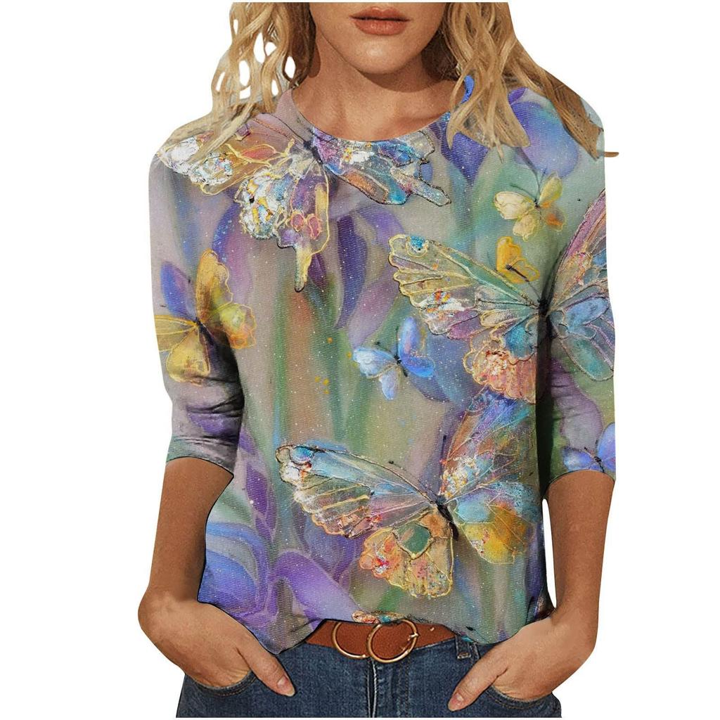 Круглый вырез с принтом в виде 3D-бабочки, модные повседневные женские футболки с длинными рукавами