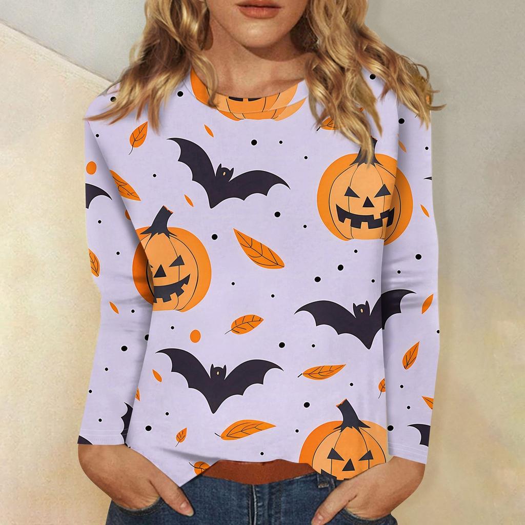 Women's Fashion Casual Halloween Printed Round Neck Long Sleeve Pullover Top