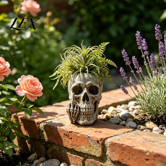 Hand Gesture Flower Pot Skull Planter with Middle?Finger Gesture, Resin Succulent Pot, Gothic Skeleton Head Cactus for Office Unique Desktop Indoor