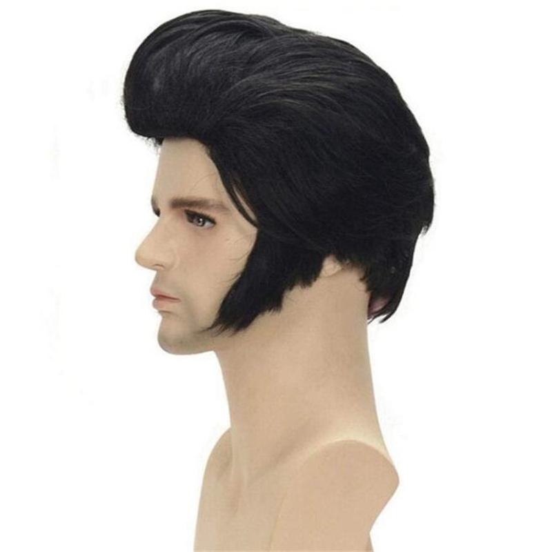 High Quality Men's Rock Singers Presley Cosplay Wig Party Superstar Heat Resistant Black Synthetic Party Hair Wig + Wig Cap